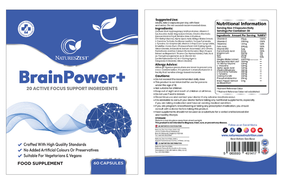 BrainPower+ Brain Supplement for Focus, Memory & Clarity – Cognitive Support for Men & Women, 60 Vegan Capsules