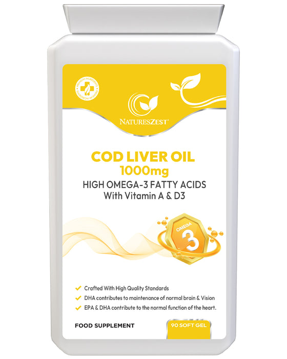 Cod Liver Oil for Heart, Brain & Vision Support – High Strength 1000mg Omega-3 with Vitamin A & D3, 90 Softgel Capsules