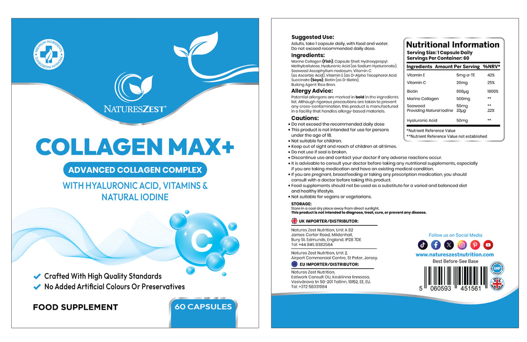 COLLAGEN MAX+ with Hyaluronic Acid & Seaweed, Marine Collagen Capsules for Skin, Hair & Nails, Vitamins C, E, Biotin, No Additives, 60 Capsules