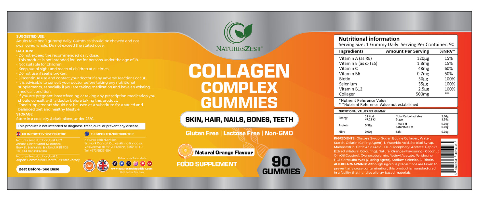 Collagen Complex Gummies for Women & Men, 500mg Collagen with Biotin, Vitamin C, E, Supports Hair, Skin, Nails, Natural Orange Flavour, 90 Gummies