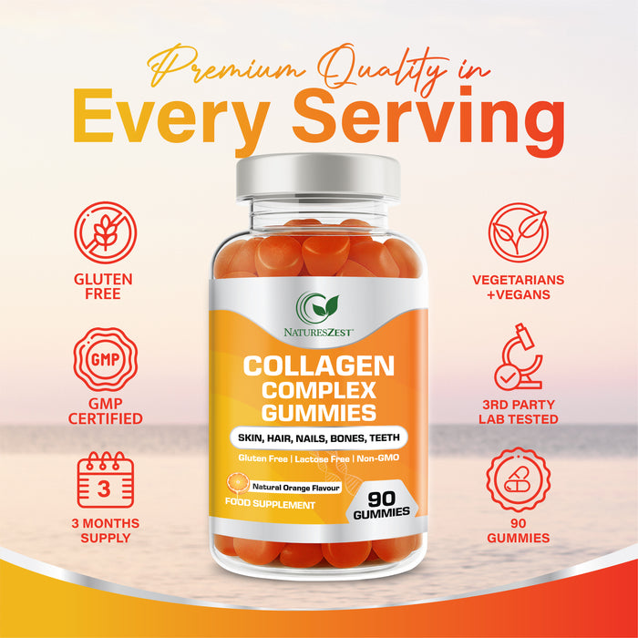 Collagen Complex Gummies for Women & Men, 500mg Collagen with Biotin, Vitamin C, E, Supports Hair, Skin, Nails, Natural Orange Flavour, 90 Gummies