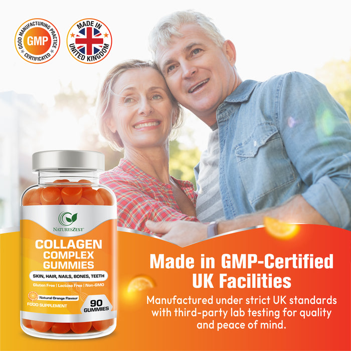 Collagen Complex Gummies for Women & Men, 500mg Collagen with Biotin, Vitamin C, E, Supports Hair, Skin, Nails, Natural Orange Flavour, 90 Gummies