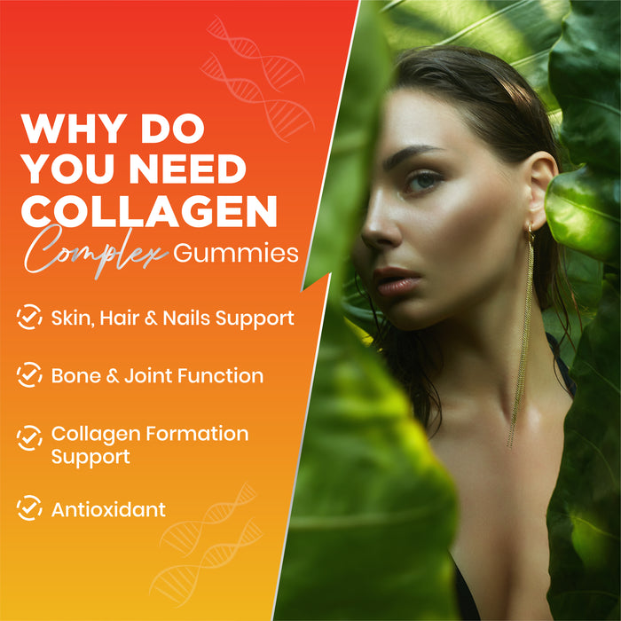 Collagen Complex Gummies for Women & Men, 500mg Collagen with Biotin, Vitamin C, E, Supports Hair, Skin, Nails, Natural Orange Flavour, 90 Gummies