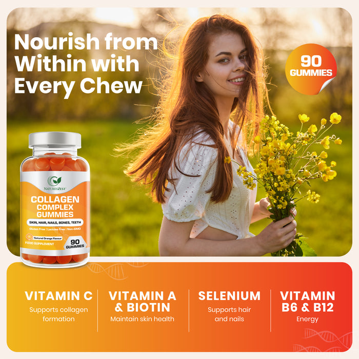 Collagen Complex Gummies for Women & Men, 500mg Collagen with Biotin, Vitamin C, E, Supports Hair, Skin, Nails, Natural Orange Flavour, 90 Gummies