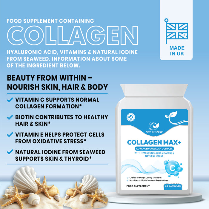 COLLAGEN MAX+ with Hyaluronic Acid & Seaweed, Marine Collagen Capsules for Skin, Hair & Nails, Vitamins C, E, Biotin, No Additives, 60 Capsules