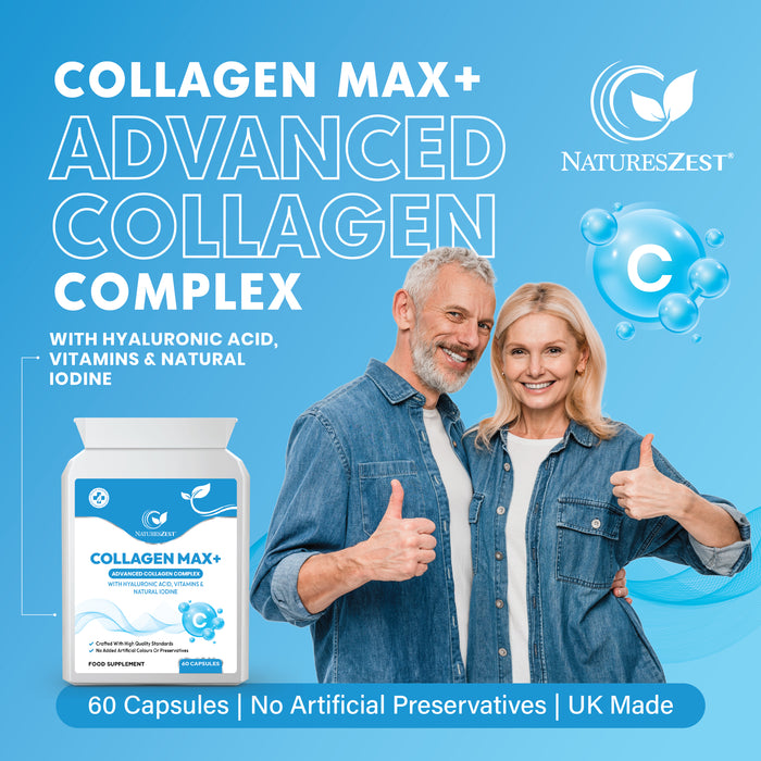COLLAGEN MAX+ with Hyaluronic Acid & Seaweed, Marine Collagen Capsules for Skin, Hair & Nails, Vitamins C, E, Biotin, No Additives, 60 Capsules
