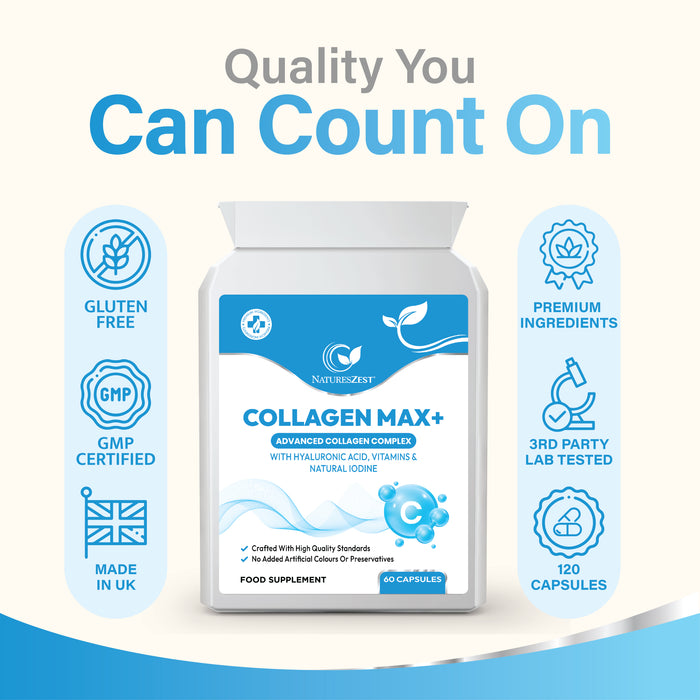 COLLAGEN MAX+ with Hyaluronic Acid & Seaweed, Marine Collagen Capsules for Skin, Hair & Nails, Vitamins C, E, Biotin, No Additives, 60 Capsules