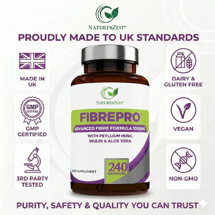 Daily Fibre Supplement for Digestive Health & Regularity Support – Fibre Pro 1000mg, 240 Vegan Capsules