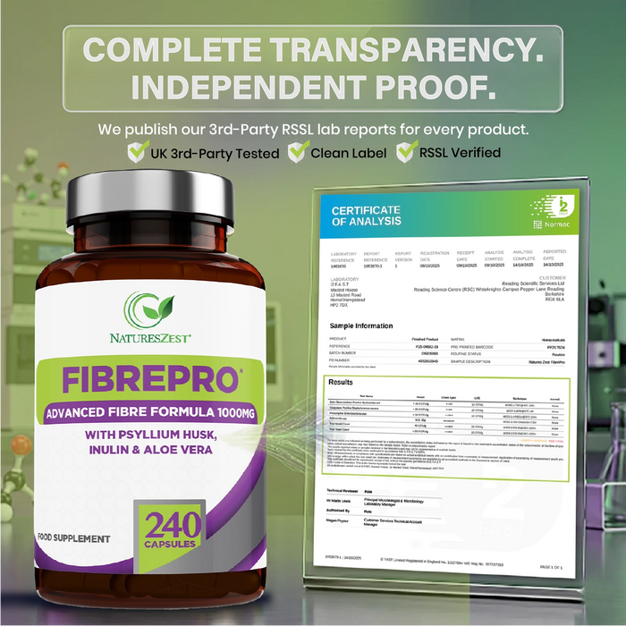 Daily Fibre Supplement for Digestive Health & Regularity Support – Fibre Pro 1000mg, 240 Vegan Capsules