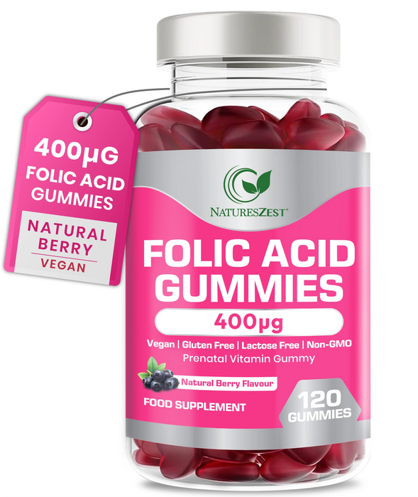 Folic Acid Gummies for Prenatal & Pregnancy Support – 400µg Natural Berry Flavour, 120 Gummies for Women