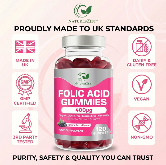 Folic Acid Gummies for Prenatal & Pregnancy Support – 400µg Natural Berry Flavour, 120 Gummies for Women