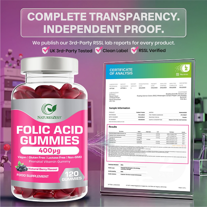 Folic Acid Gummies for Prenatal & Pregnancy Support – 400µg Natural Berry Flavour, 120 Gummies for Women