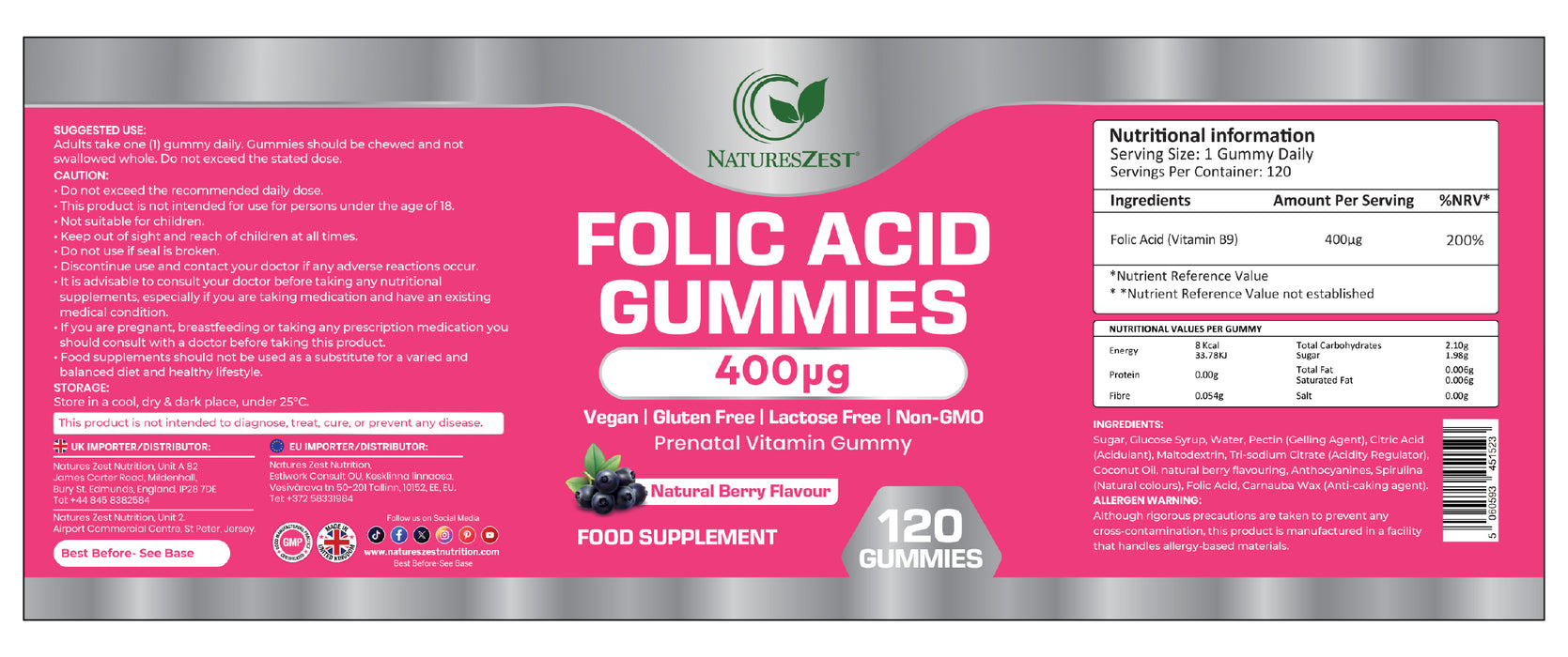 Folic Acid Gummies 400μg – Prenatal Vitamin for Women, Natural Berry Flavour, 120 Gummies