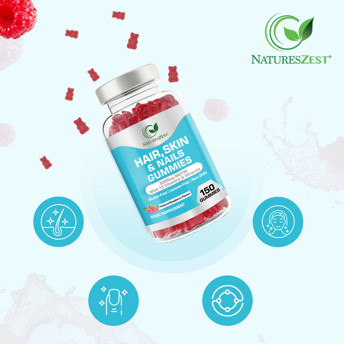Hair, Skin & Nails Gummies 5000μg Biotin, Natural Raspberry Flavour, 150 Vegan Gummies for Men & Women