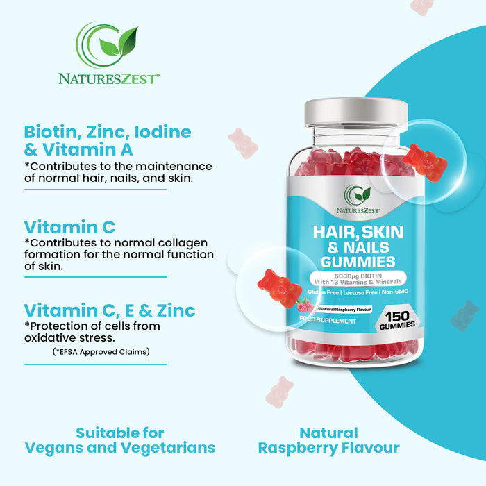 Hair, Skin & Nails Gummies 5000μg Biotin, Natural Raspberry Flavour, 150 Vegan Gummies for Men & Women