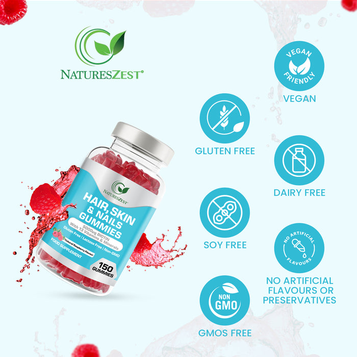 Hair, Skin & Nails Gummies 5000μg Biotin, Natural Raspberry Flavour, 150 Vegan Gummies for Men & Women