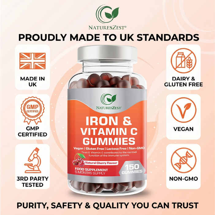 Iron & Vitamin C Gummies for Energy & Immunity Support – Adult & Kids Supplement, 150 Vegan Gummies for Daily Health