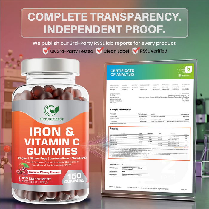 Iron & Vitamin C Gummies for Energy & Immunity Support – Adult & Kids Supplement, 150 Vegan Gummies for Daily Health