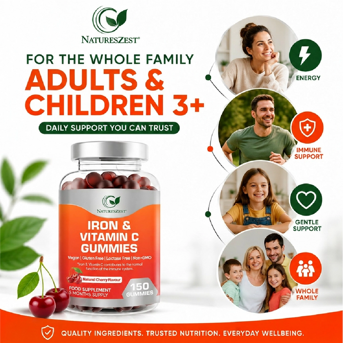 Iron & Vitamin C Gummies for Energy & Immunity Support – Adult & Kids Supplement, 150 Vegan Gummies for Daily Health