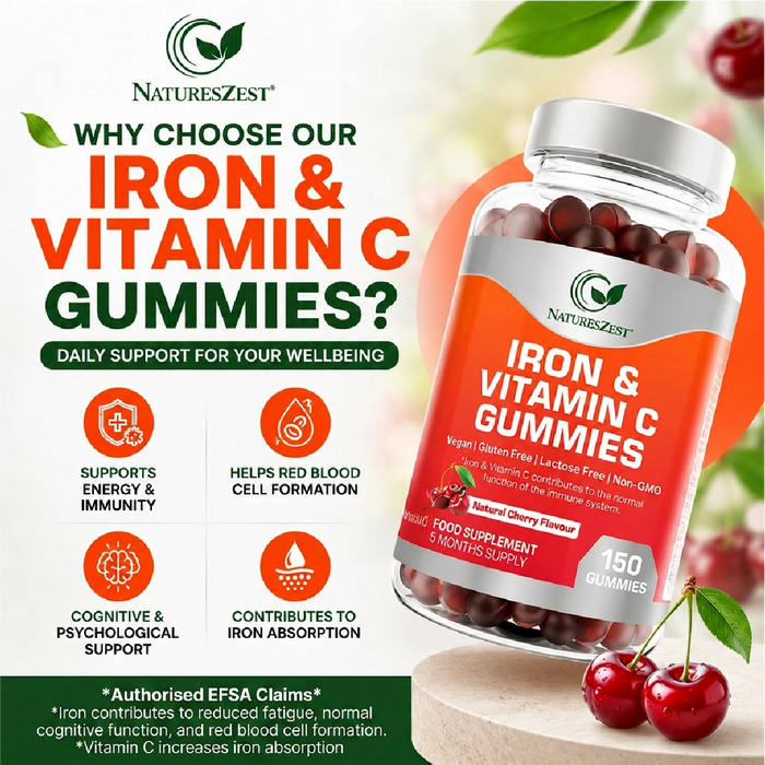 Iron & Vitamin C Gummies for Energy & Immunity Support – Adult & Kids Supplement, 150 Vegan Gummies for Daily Health