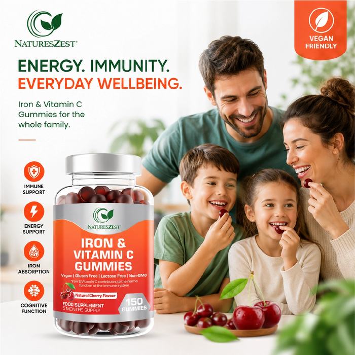 Iron & Vitamin C Gummies for Energy & Immunity Support – Adult & Kids Supplement, 150 Vegan Gummies for Daily Health