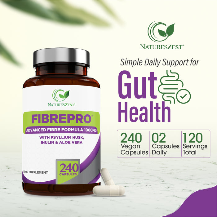 Daily Fibre Supplement for Digestive Health & Regularity Support – Fibre Pro 1000mg, 240 Vegan Capsules