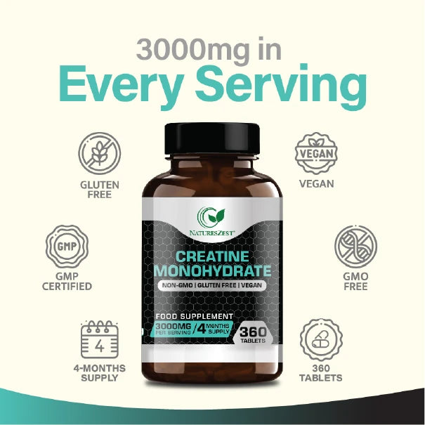 Creatine Tablets for Energy, Strength & Performance – High Strength Creatine Monohydrate 3000mg, 360 Tablets for Men & Women