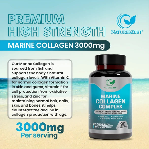 High Strength Marine Collagen for Skin, Hair & Joint Health Support – Collagen Complex 3000mg, 90 Tablets