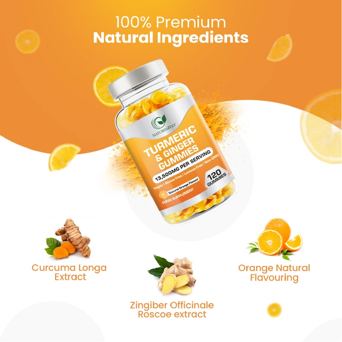 Turmeric & Ginger Gummies for Joint, Immunity & Digestive Support – Natural Orange Flavour, 120 Vegan Gummies