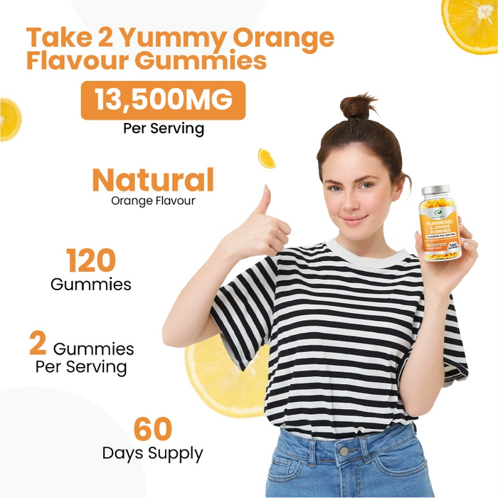 Turmeric & Ginger Gummies for Joint, Immunity & Digestive Support – Natural Orange Flavour, 120 Vegan Gummies