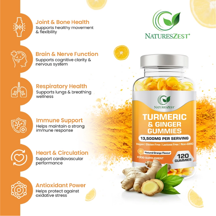 Turmeric & Ginger Gummies for Joint, Immunity & Digestive Support – Natural Orange Flavour, 120 Vegan Gummies