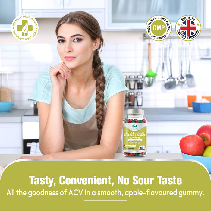 Apple Cider Vinegar & Ginger Gummies with The Mother | 500mg ACV + 10mg Ginger per Serving, Natural Apple Flavour | 60 Gummies