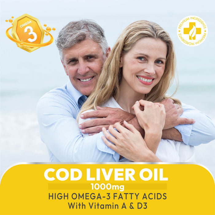 Cod Liver Oil for Heart, Brain & Vision Support – High Strength 1000mg Omega-3 with Vitamin A & D3, 90 Softgel Capsules