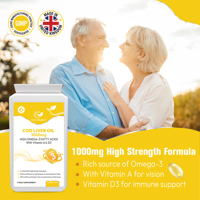 Cod Liver Oil for Heart, Brain & Vision Support – High Strength 1000mg Omega-3 with Vitamin A & D3, 90 Softgel Capsules
