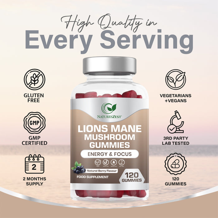 Lion’s Mane Gummies for Focus & Memory Support – 2000mg, 120 Vegan Berry Flavour Gummies for Brain Health