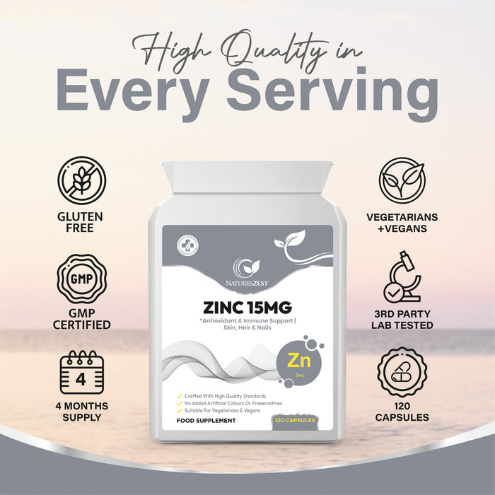 Zinc 15mg Supplement – 120 Vegan Capsules | Highly Absorbable Zinc Citrate | Supports Immunity, Hair, Skin, Nails, Cognitive Function & Bones