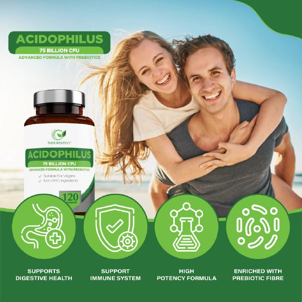 High Strength Probiotic 75 Billion CFU for Gut & Digestive Health Support – Lactobacillus Acidophilus with Prebiotics, 120 Capsules