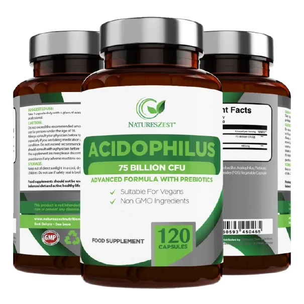 High Strength Probiotic 75 Billion CFU for Gut & Digestive Health Support – Lactobacillus Acidophilus with Prebiotics, 120 Capsules