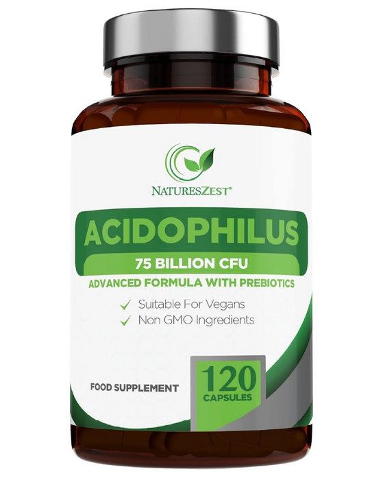 High Strength Probiotic 75 Billion CFU for Gut & Digestive Health Support – Lactobacillus Acidophilus with Prebiotics, 120 Capsules