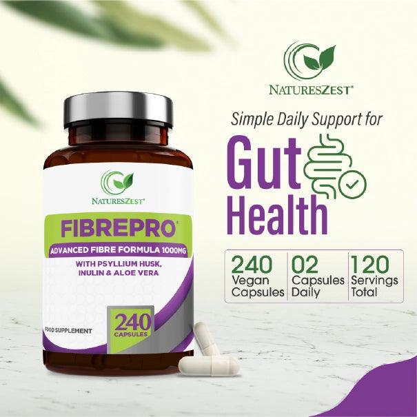 Daily Fibre Supplement for Digestive Health & Regularity Support – Fibre Pro 1000mg, 240 Vegan Capsules