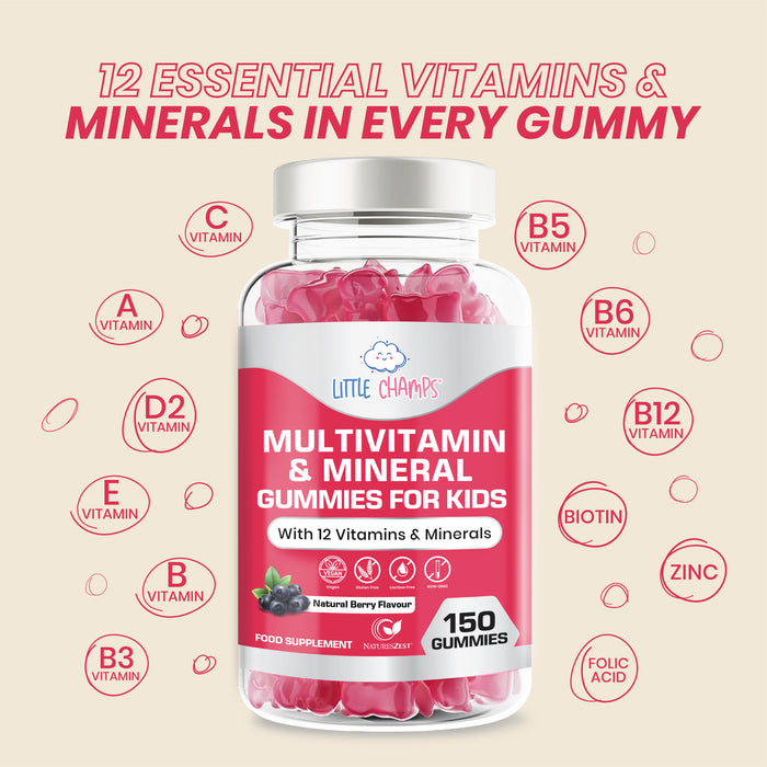 Multivitamin & Mineral Gummies for Kids With 12 Essential Vitamins, Immune Support, Energy & Brain Health, Natural Berry Flavour, 150 Gummies