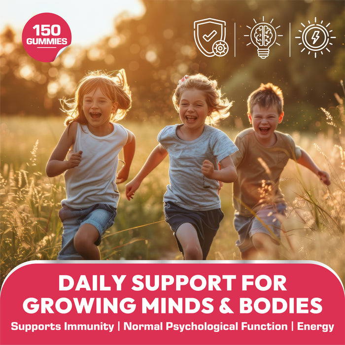 Multivitamin & Mineral Gummies for Kids With 12 Essential Vitamins, Immune Support, Energy & Brain Health, Natural Berry Flavour, 150 Gummies