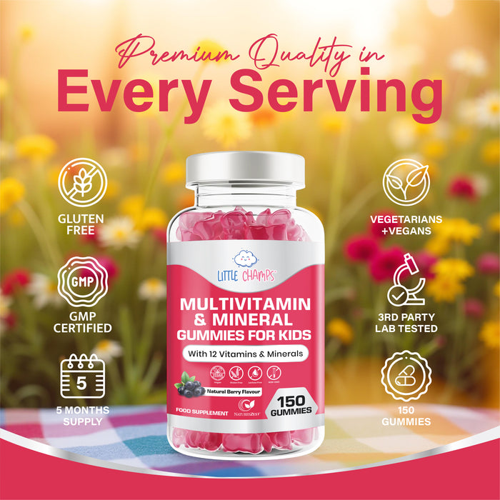 Multivitamin & Mineral Gummies for Kids With 12 Essential Vitamins, Immune Support, Energy & Brain Health, Natural Berry Flavour, 150 Gummies
