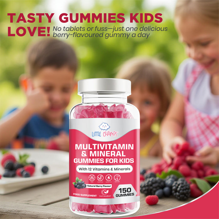 Multivitamin & Mineral Gummies for Kids With 12 Essential Vitamins, Immune Support, Energy & Brain Health, Natural Berry Flavour, 150 Gummies