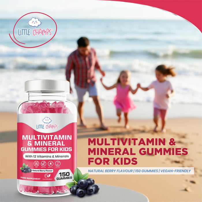 Multivitamin & Mineral Gummies for Kids With 12 Essential Vitamins, Immune Support, Energy & Brain Health, Natural Berry Flavour, 150 Gummies