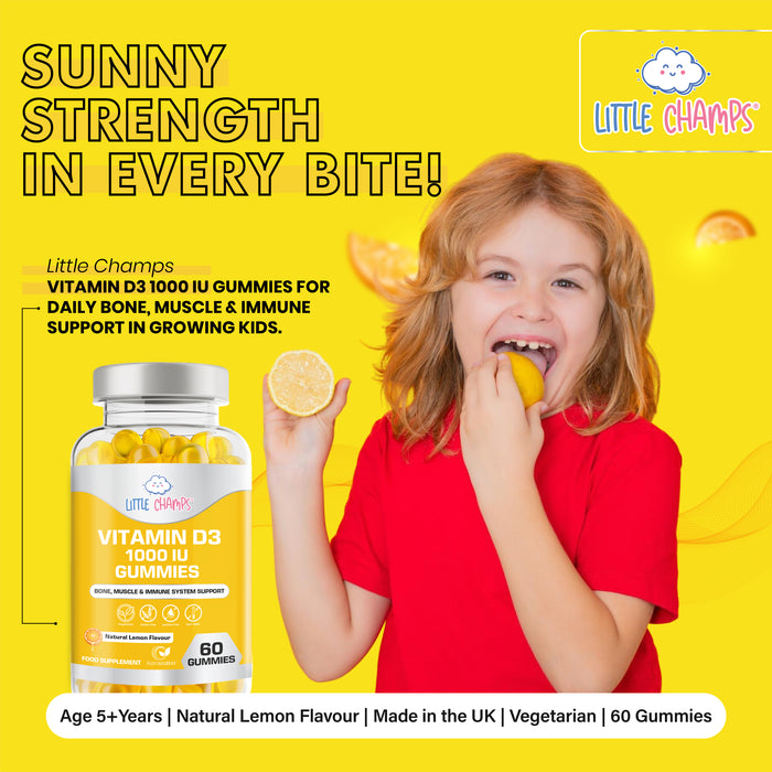 Vitamin D3 1000IU Gummies for Children Bone, Muscle & Immune Support – 60 Natural Lemon Flavour Gummies