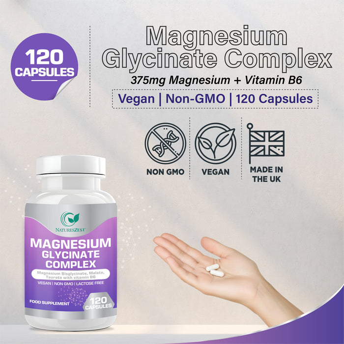 Magnesium Glycinate Complex, Magnesium Bisglycinate, Malate, Taurate with Vitamin B6, Muscle, Energy & Sleep Support, 120 Vegan Capsules