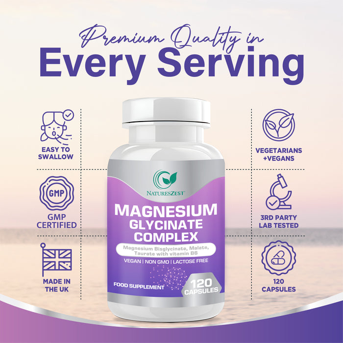 Magnesium Glycinate Complex, Magnesium Bisglycinate, Malate, Taurate with Vitamin B6, Muscle, Energy & Sleep Support, 120 Vegan Capsules