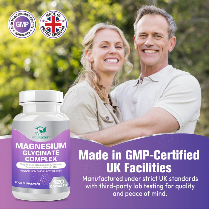 Magnesium Glycinate Complex, Magnesium Bisglycinate, Malate, Taurate with Vitamin B6, Muscle, Energy & Sleep Support, 120 Vegan Capsules
