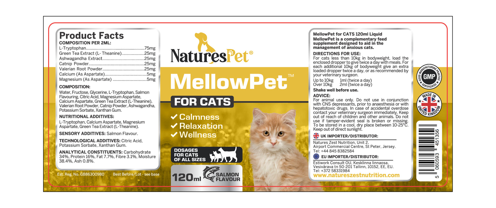 MellowPet for Cats – Advanced Calming Supplement for Stress and Anxiety 120ml Liquid